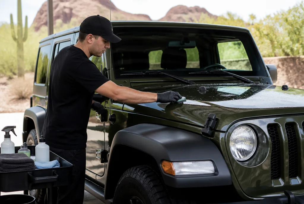 Illustration: Gloved detailer using clay on the lubricated hood of a green Jeep