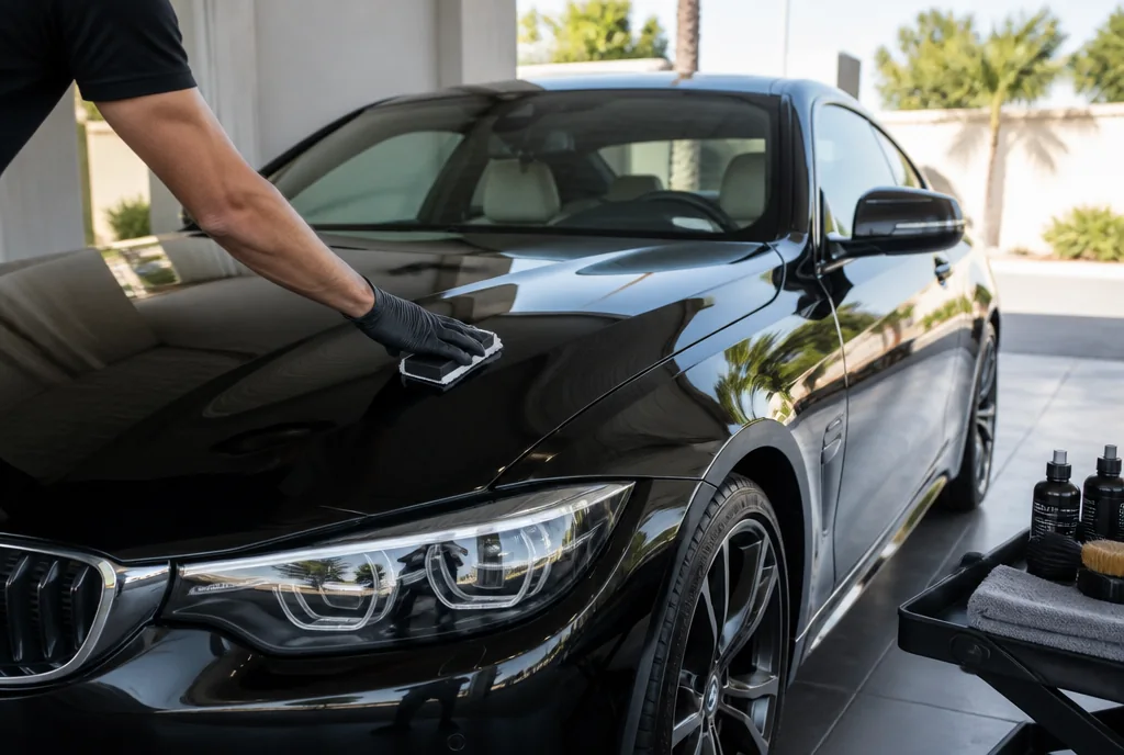 Illustration: Gloved hand applying ceramic coating to a black coupe with a rectangular applicator