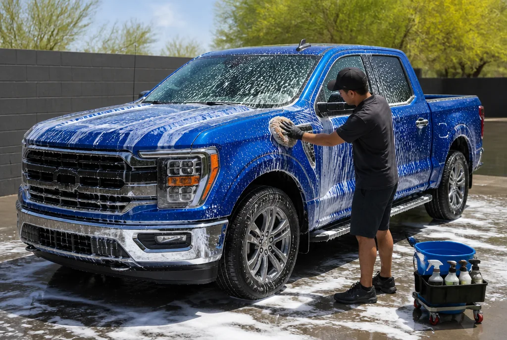 Illustration: Detailer washing a blue pickup truck with foam and a soft mitt