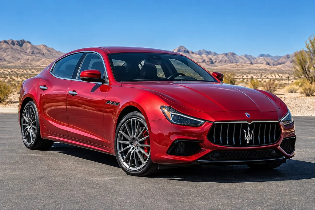 Illustration: Glossy red luxury sedan with clean wheels under a blue desert sky