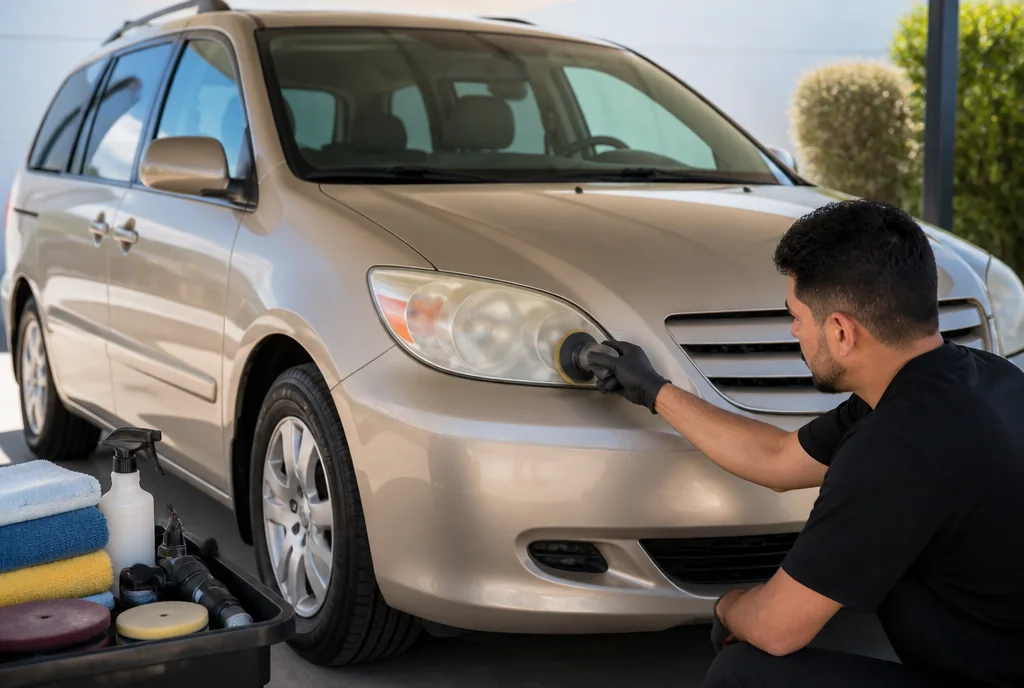 Illustration: Detailer polishing a hazy headlight on a champagne gold minivan