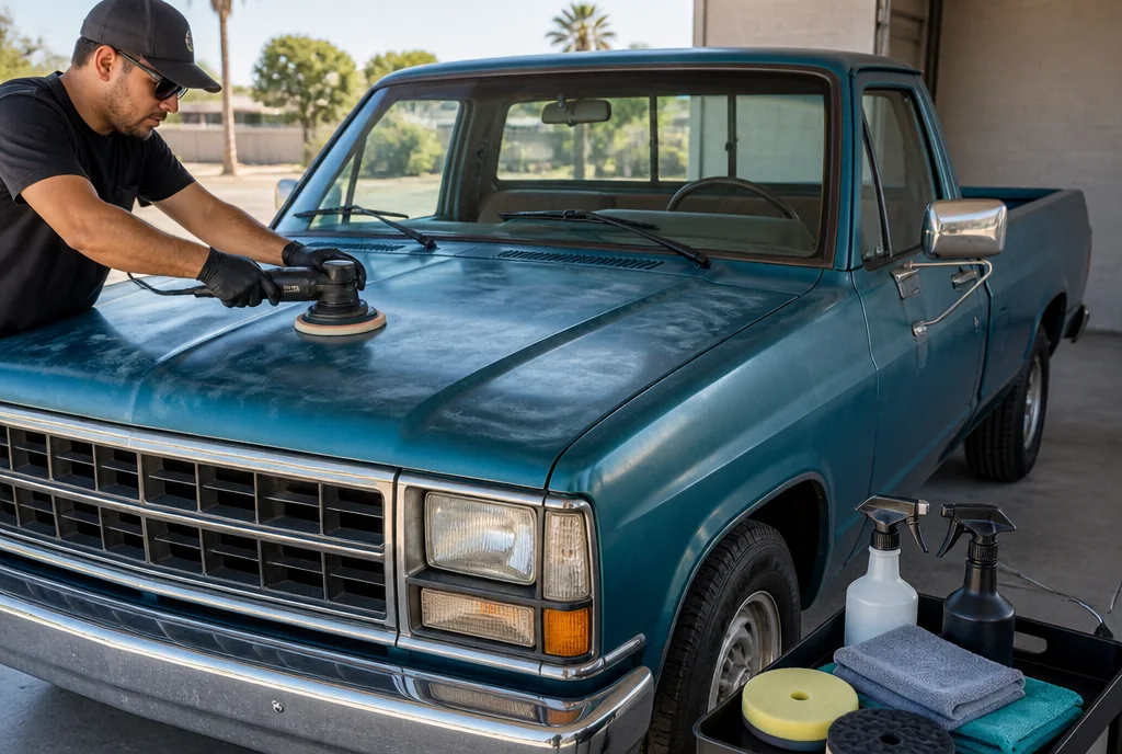 Illustration: Detailer polishing dull oxidized paint on a teal classic pickup