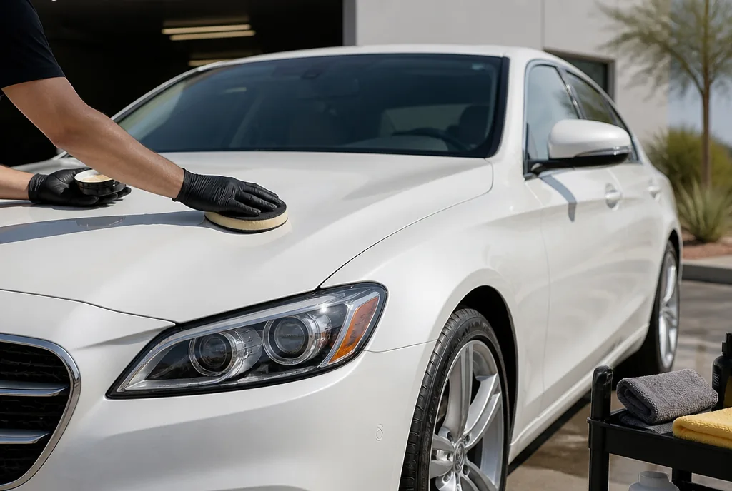 Illustration: Gloved hand applying wax to a white sedan with a round foam pad